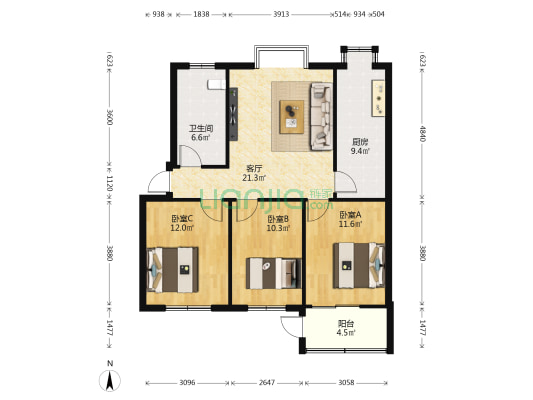 武汉民政职业技术学院 3室1厅1卫 91平方