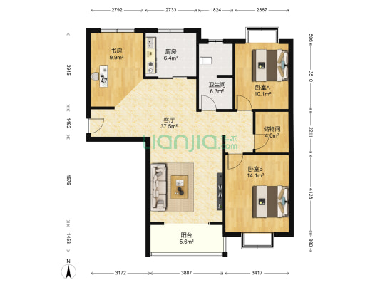 福源国际馥园 3室1厅1卫 125平方