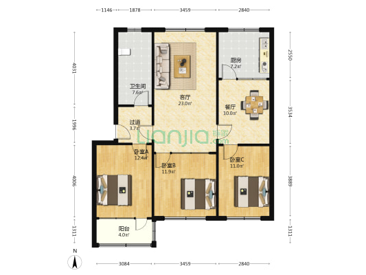 鑫源小区 3室2厅1卫 109平方