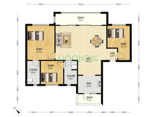 交投电建洺悦天宸 3室1厅2卫 135平方