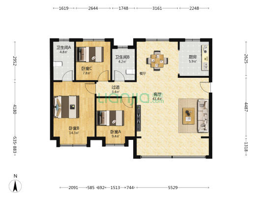 保利天汇 3室1厅2卫 128平方