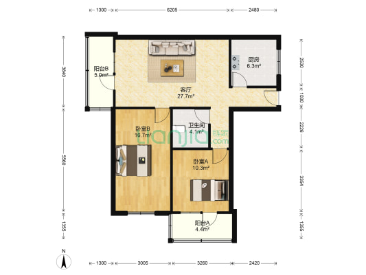 晋商银行宿舍 2室1厅1卫 89平方