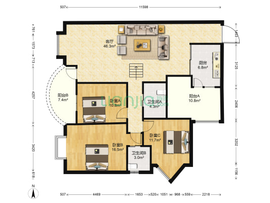 在水一方花园 3室1厅2卫 146平方