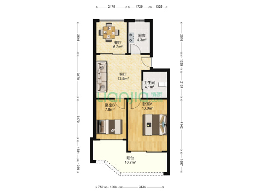 黄龙二区 2室2厅1卫 68平方