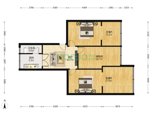 市北路社区 2室1厅1卫 115平方