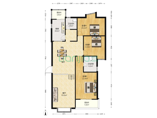 佳湖绿岛 3室1厅2卫 151平方