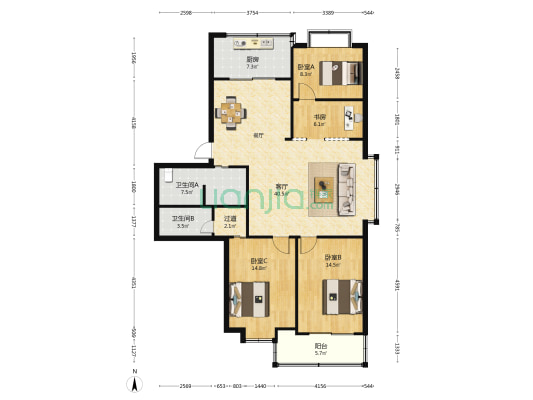 财政厅宿舍 4室1厅2卫 124平方