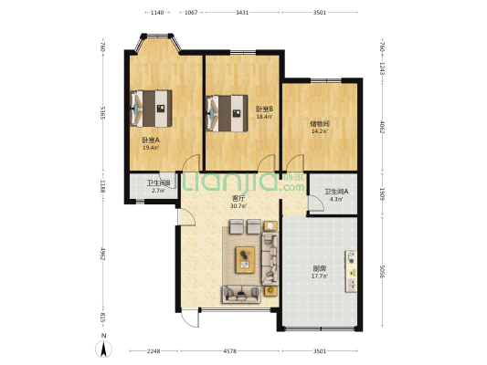 天湖花园C区 2室1厅2卫 134平方