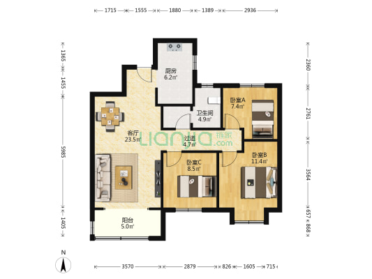 绿地IFC中央公馆B2区 3室1厅1卫 105平方