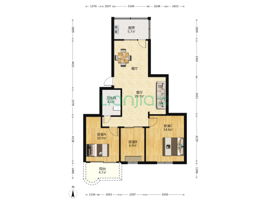 怡泉花园 3室1厅1卫 90平方