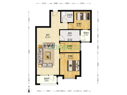 业主诚心出售，价格好谈，南北通透户型，毛坯房-户型图
