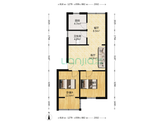 铁路局宿舍 2室2厅1卫 65平方
