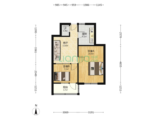 邯山区罗城头8号院铁路住宅小区 2室1厅1卫 49平方