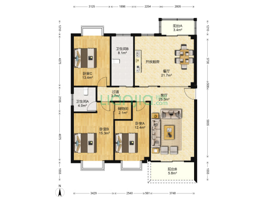 黄金广场 3室2厅2卫 148平方