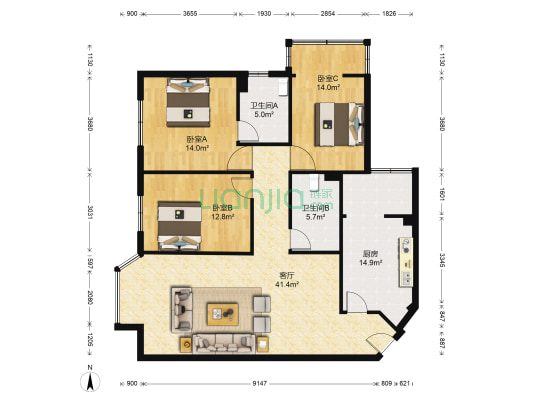 蓝天园 3室1厅2卫 130平方