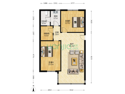 福宁路131号 2室1厅1卫 92平方