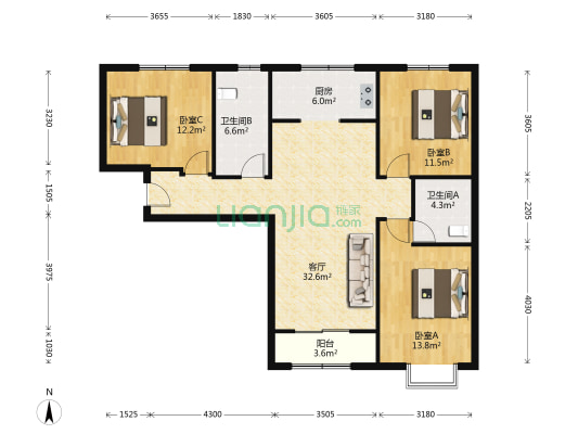 翡翠滨江 3室1厅 南 北-户型图