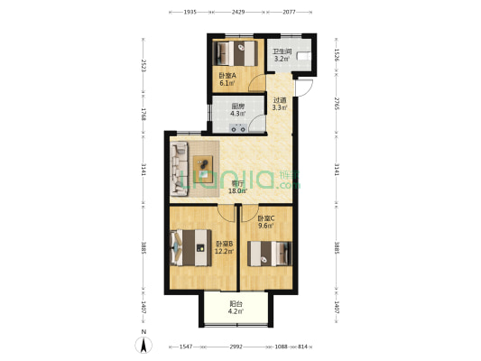 定康街41号 3室1厅1卫 86平方
