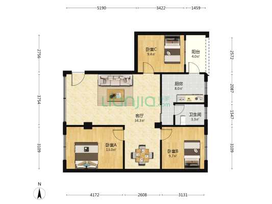 荔苑居 3室1厅1卫 95平方