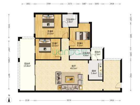 新怡豪门 3室1厅2卫 118平方