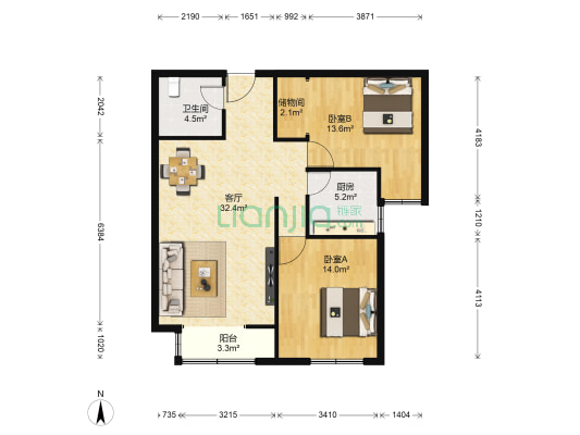 晴景家园 2室1厅1卫 107平方