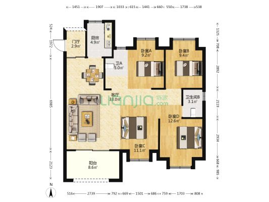 福清金辉碧桂园铂玥府 4室1厅2卫 122平方
