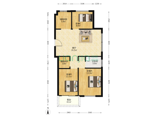 嘉禾花苑 3室1厅1卫 110平方