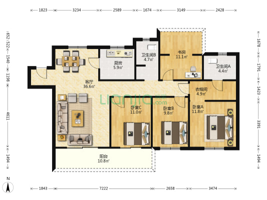 奥克斯滨仕花园 4室1厅2卫 140平方