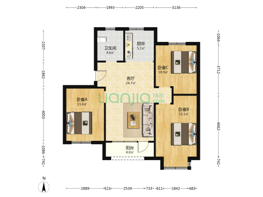 五彩阳光城一期(假日阳光) 3室1厅1卫 99平方