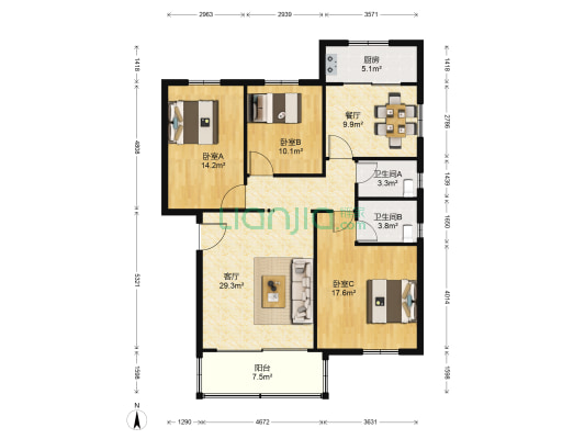 司法公寓 3室2厅2卫 104平方