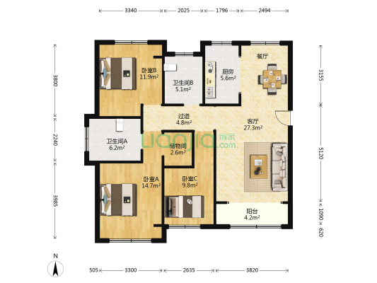 蝶恋祥园 3室1厅2卫 129平方