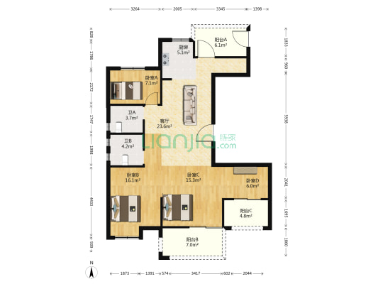 百合花园 4室1厅2卫 126平方