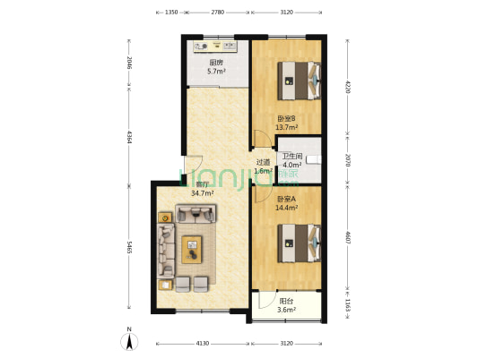 唐岛湾F小区 2室1厅1卫 93平方