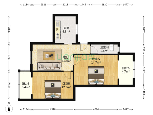解放路282号-288号 2室1厅1卫 70平方