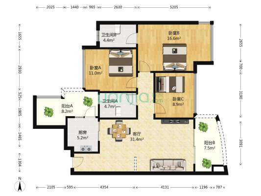 云星钱隆天下北区 3室1厅2卫 101平方