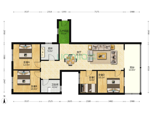 北二街5号 4室1厅1卫 119平方
