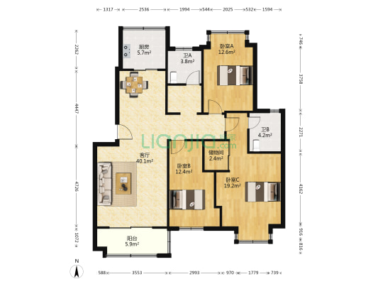 兴建花园 3室1厅2卫 121平方