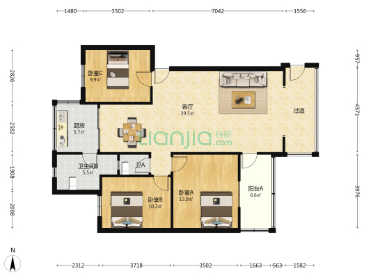 钻采研究所家属院 3室1厅2卫 109平方