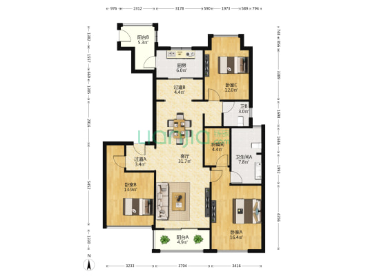华府天地睿园 3室1厅2卫 146平方