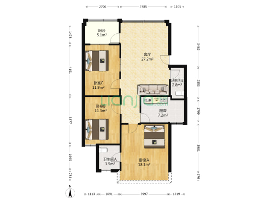 美乐新村 3室1厅2卫 100平方
