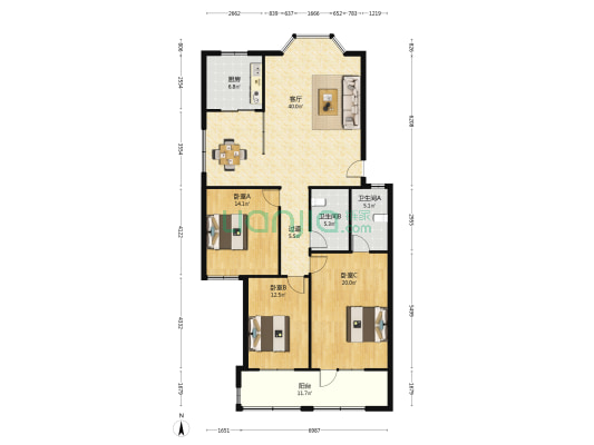 历城职业中专教工住宅楼 3室1厅2卫 146平方