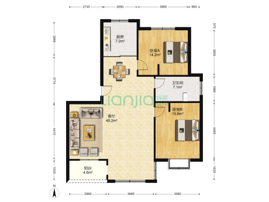 东莱花园 2室1厅1卫 216平方