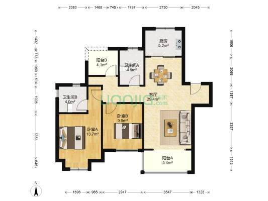 融创运河壹号府一期 2室1厅2卫 107平方