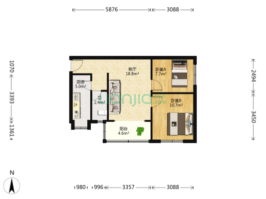 花园路22号 2室1厅1卫 59平方