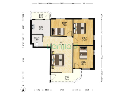 鸿图新村 3室1厅1卫 87平方