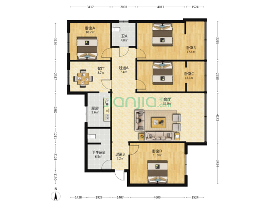 龙翔苑 4室2厅2卫 128平方