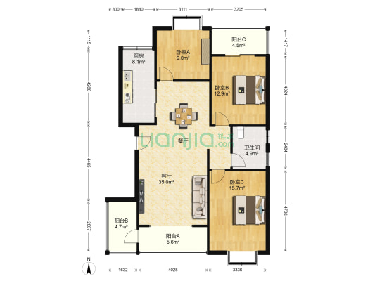 安达公馆 3室1厅1卫 123平方