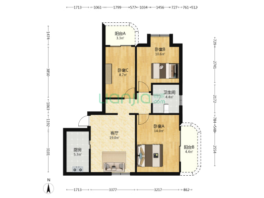 五洲大厦 3室1厅1卫 91平方