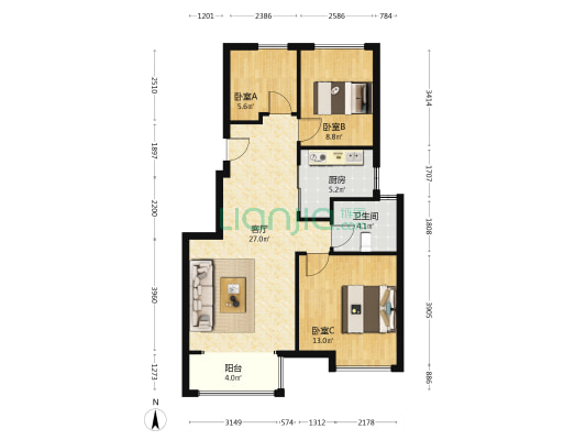蓝光芙蓉公馆 3室1厅1卫 92平方