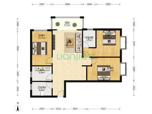 长水航城石斛苑 3室1厅2卫 104平方